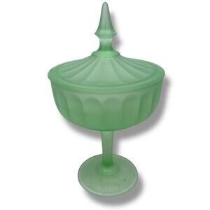Beaumont Satin Frosted Glass Compote Pedestal Lidded Candy Dish 8.75" Green